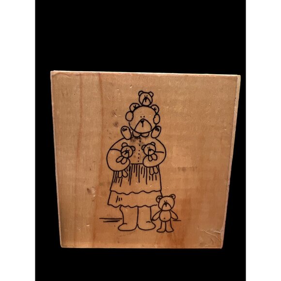 Vintage Aleene’s Wooden Rubber Mounted Stamp Mama Bear And Her Cubs 1992 Country - Picture 1 of 6